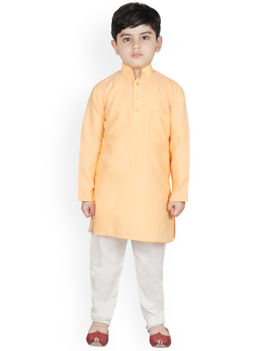 SG YUVRAJ Boys Peach-Coloured & White Solid Brocade Kurta with Pyjamas