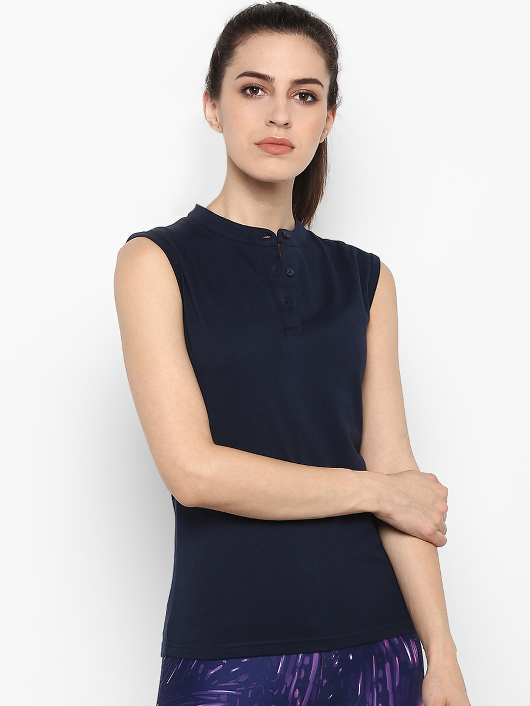 appulse Women Navy Blue Solid Mandarin Collar T-shirt