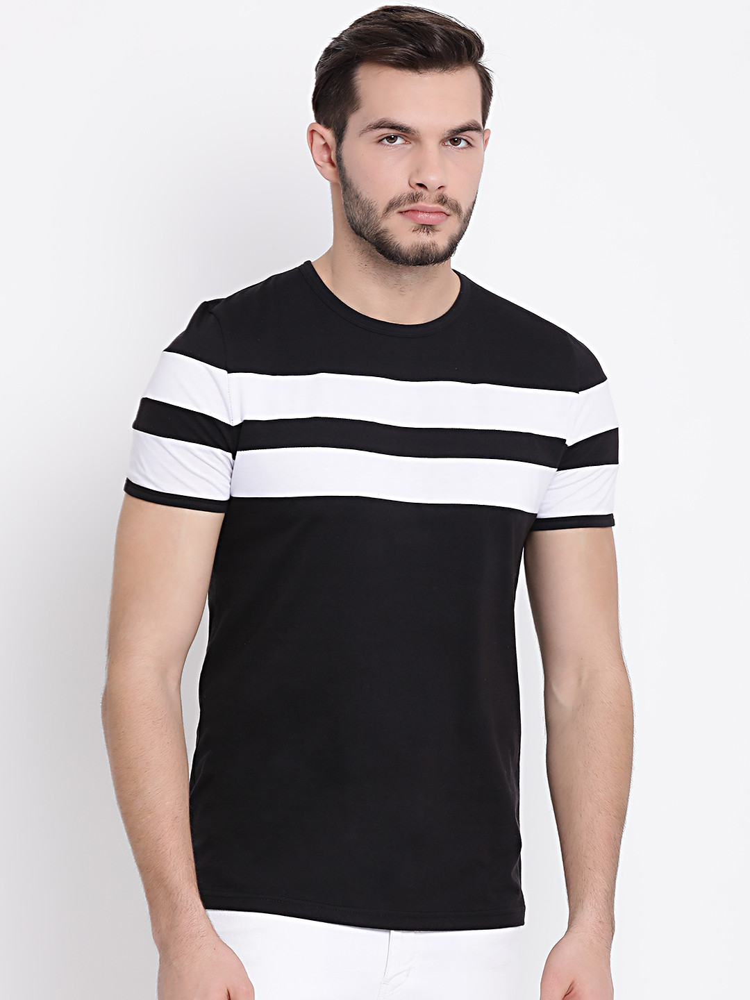 MACK JONNEY Men Black & White Striped Round Neck T-shirt