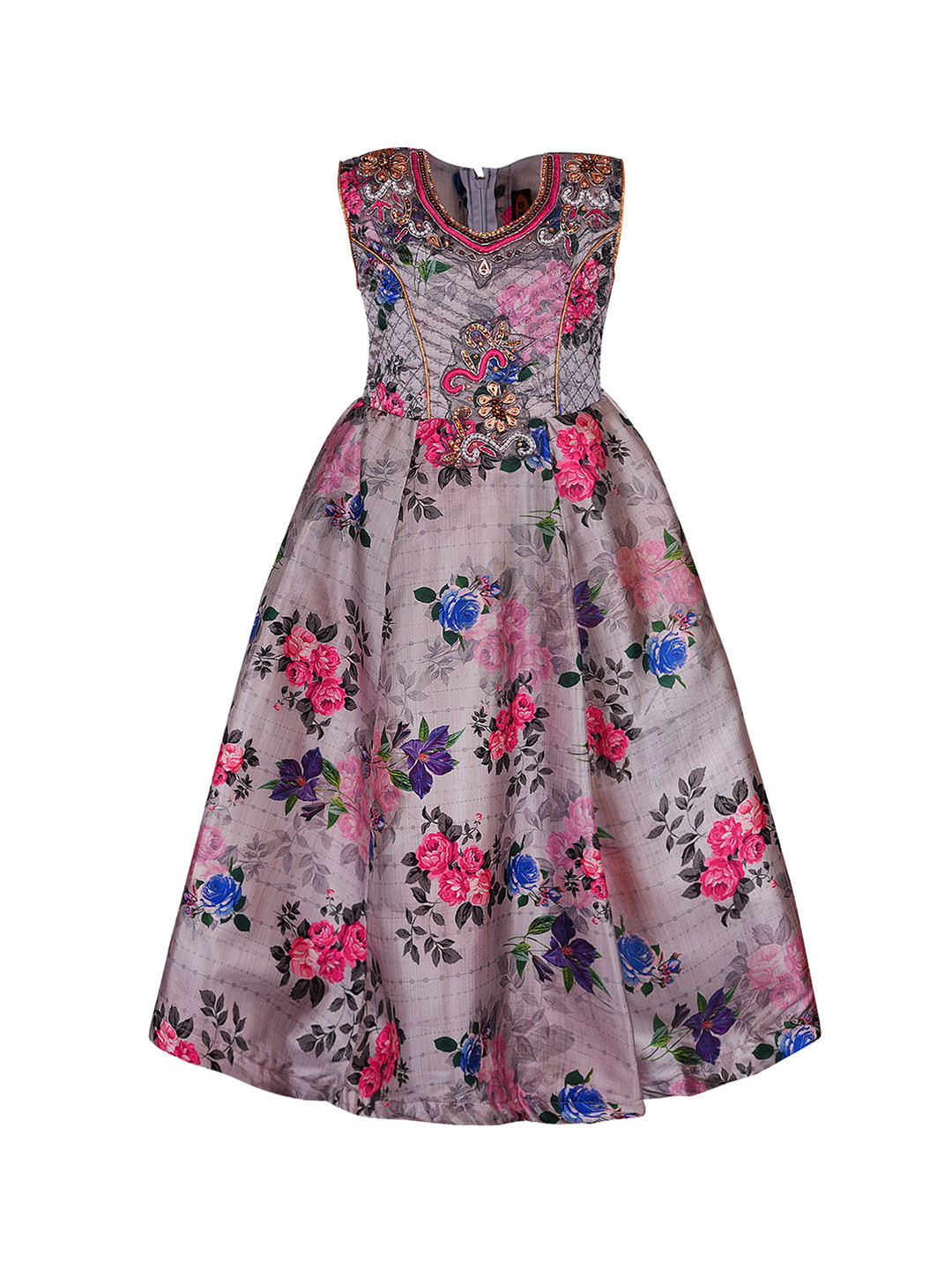 Wish Karo Girls Grey & Pink Printed Satin Finish Fit and Flare Dress