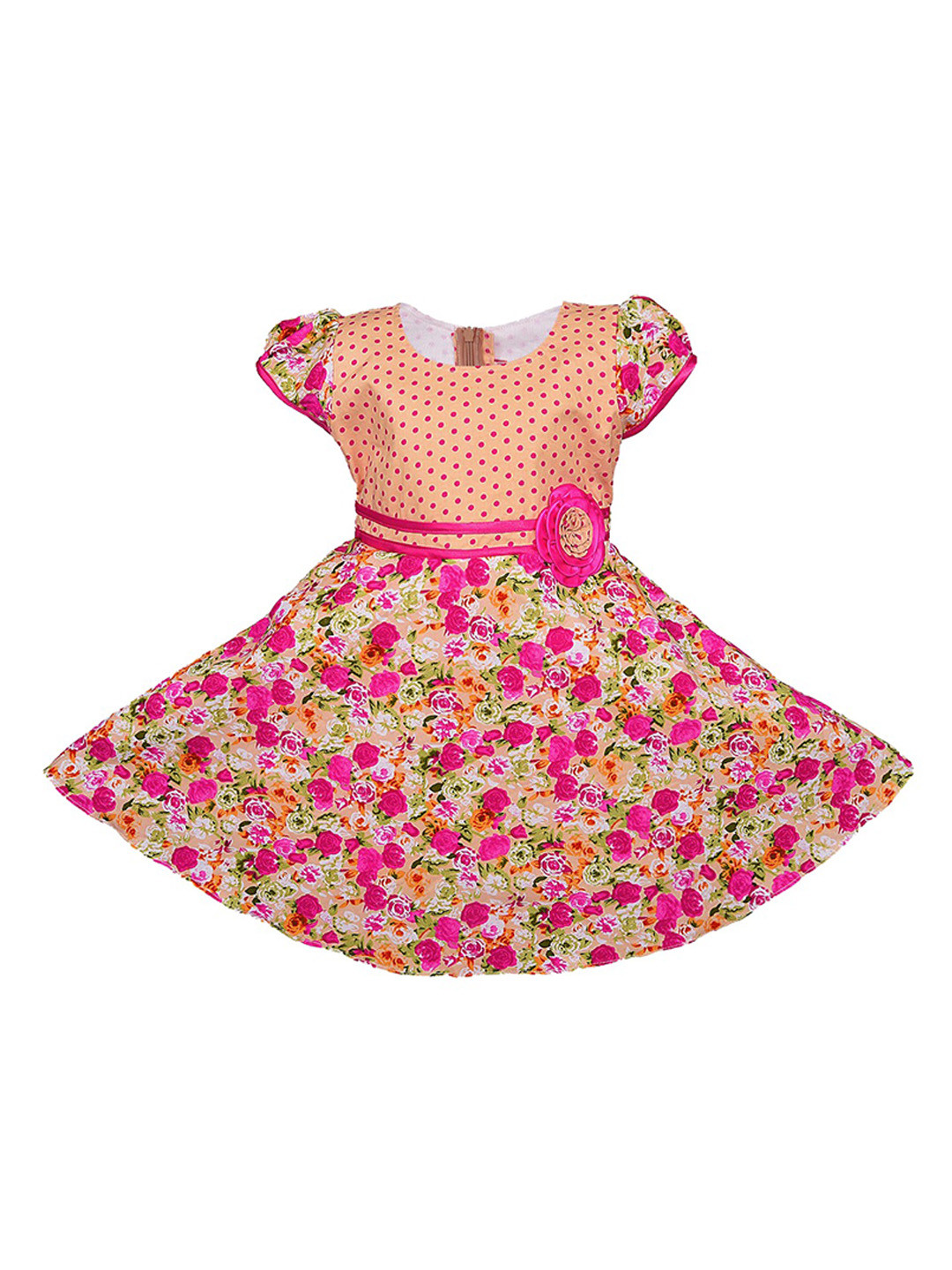 Wish Karo Girls Beige & Pink Printed Fit & Flare Dress