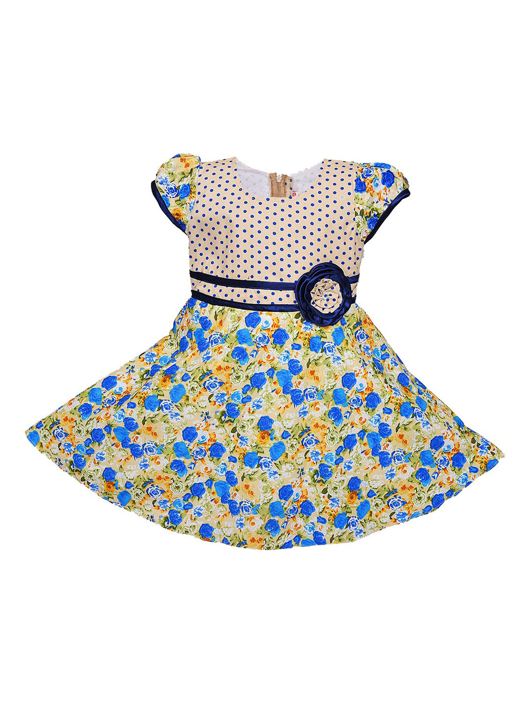 Wish Karo Girls Beige & Blue Printed Fit & Flare Dress