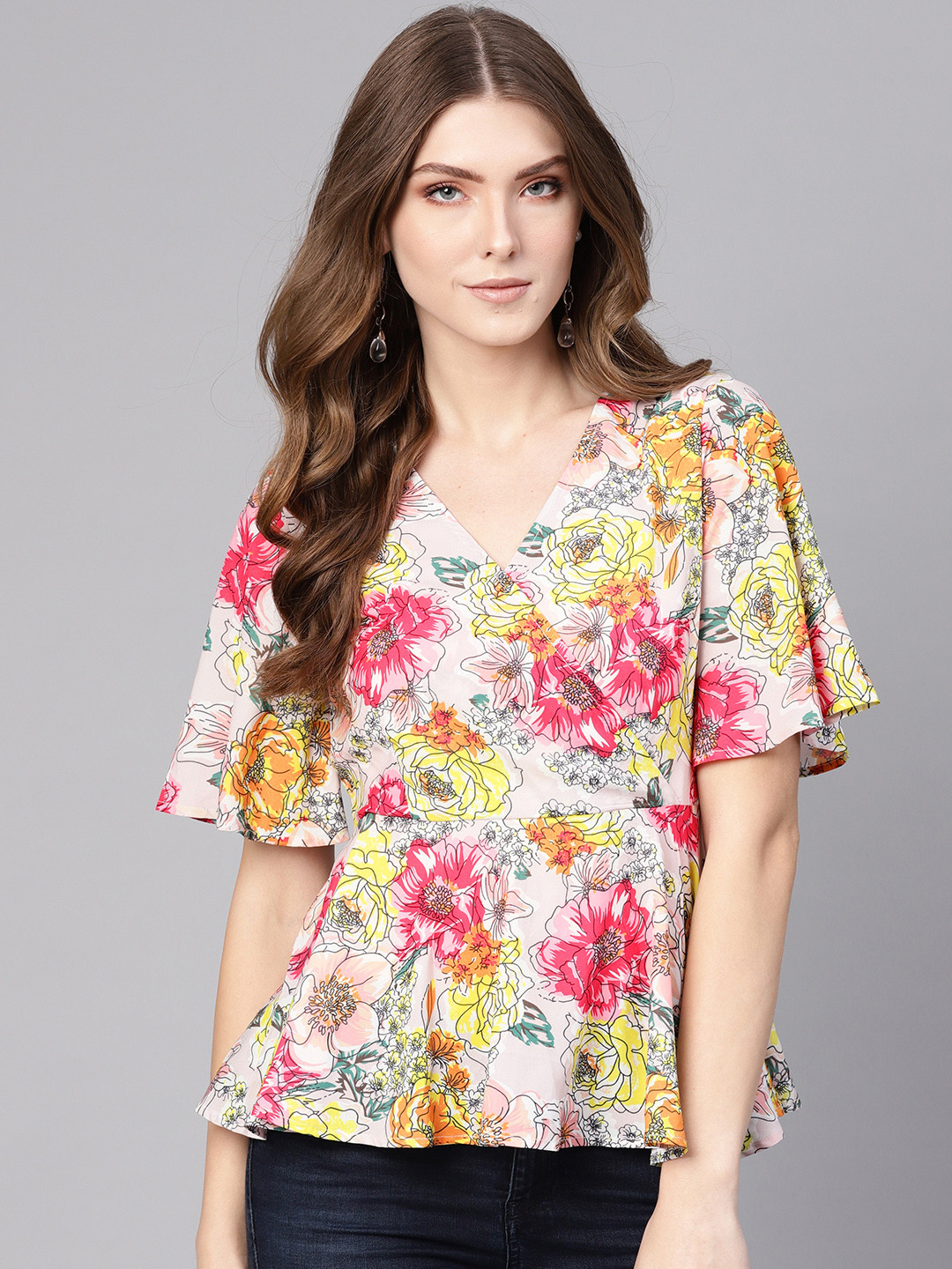 Pannkh Women Peach-Coloured & Yellow Printed Wrap Top