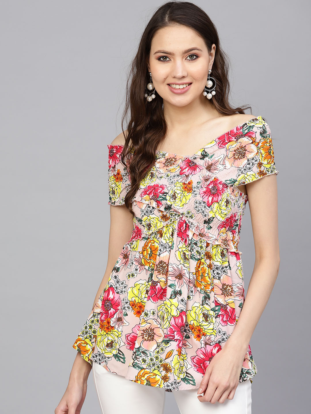Pannkh Women Peach-Coloured Floral Print Bardot Top