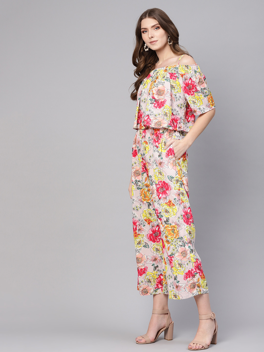 Pannkh Women Pink & Yellow Printed Layered Basic Jumpsuit