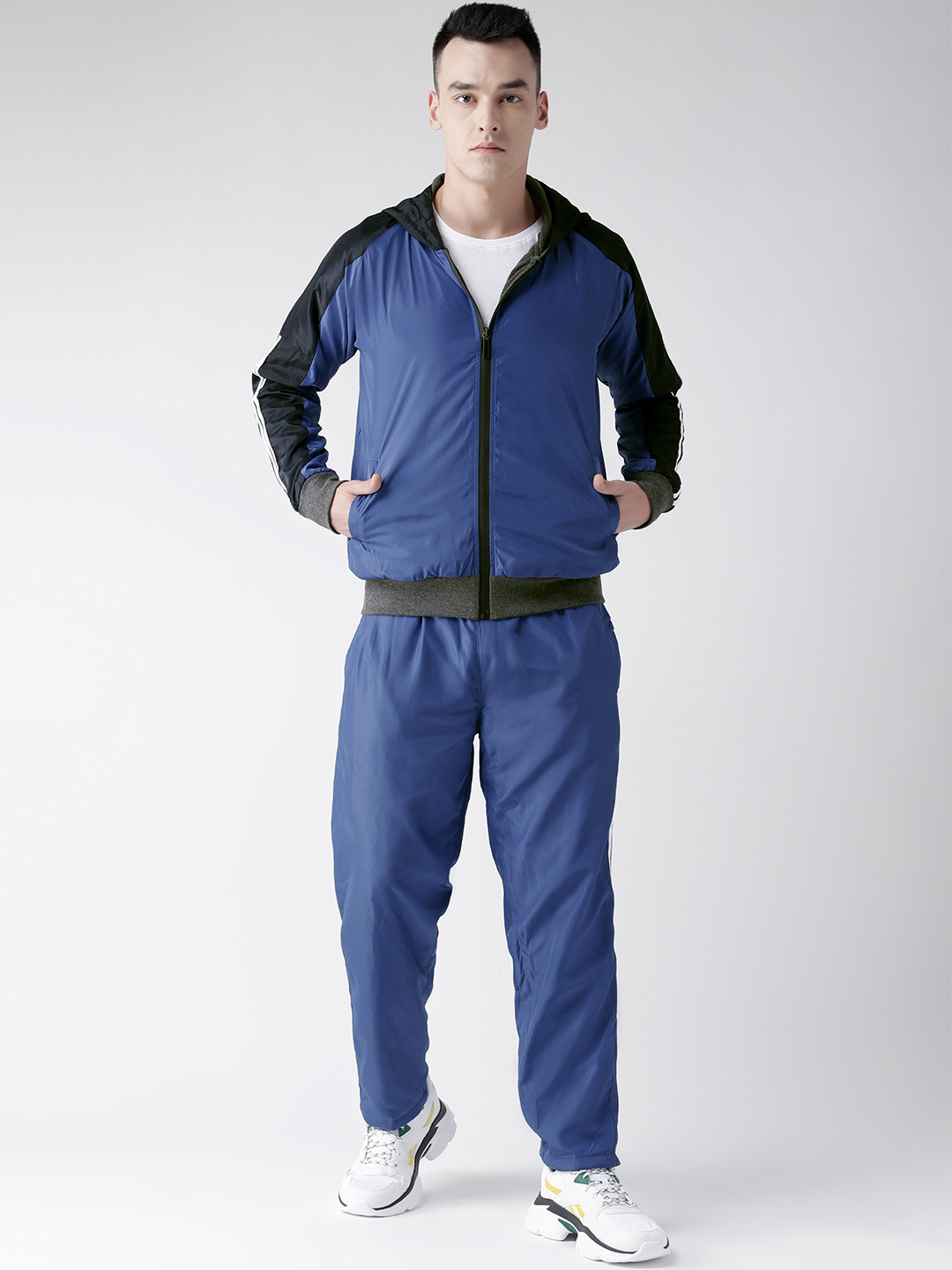 Chkokko Men Blue & Charcoal Grey Solid Reversible Tracksuit