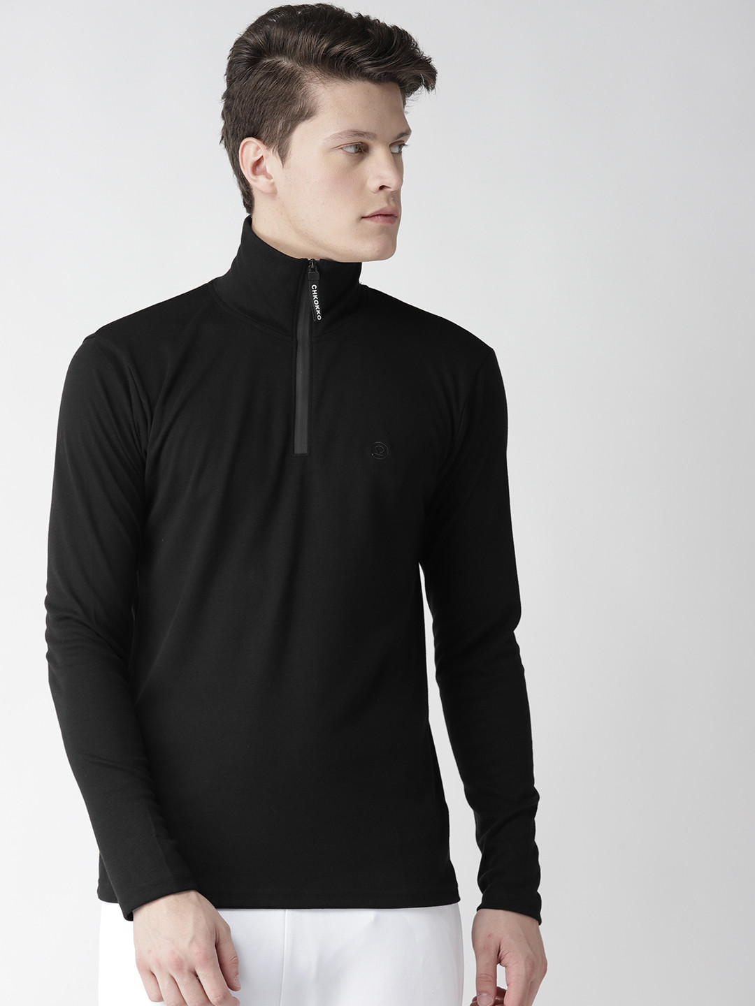 CHKOKKO Men Black Solid High Neck T-shirt