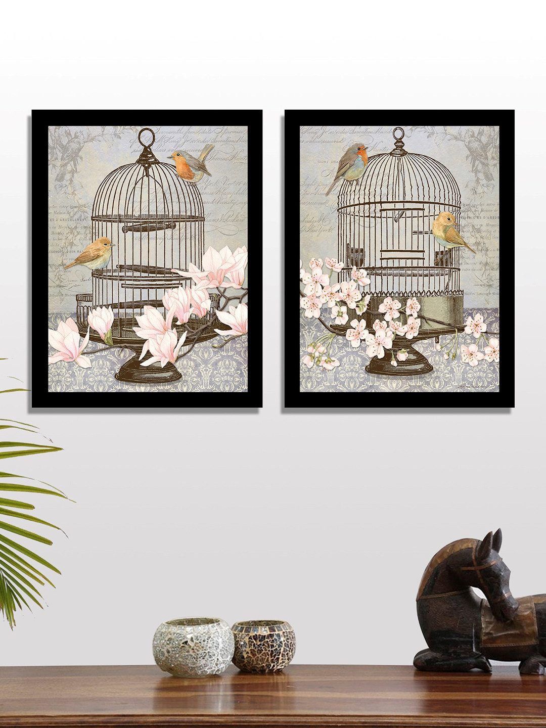 Art Street Set of 2 Grey Sparrow With Flower UV Wall Art With Wooden Frame
