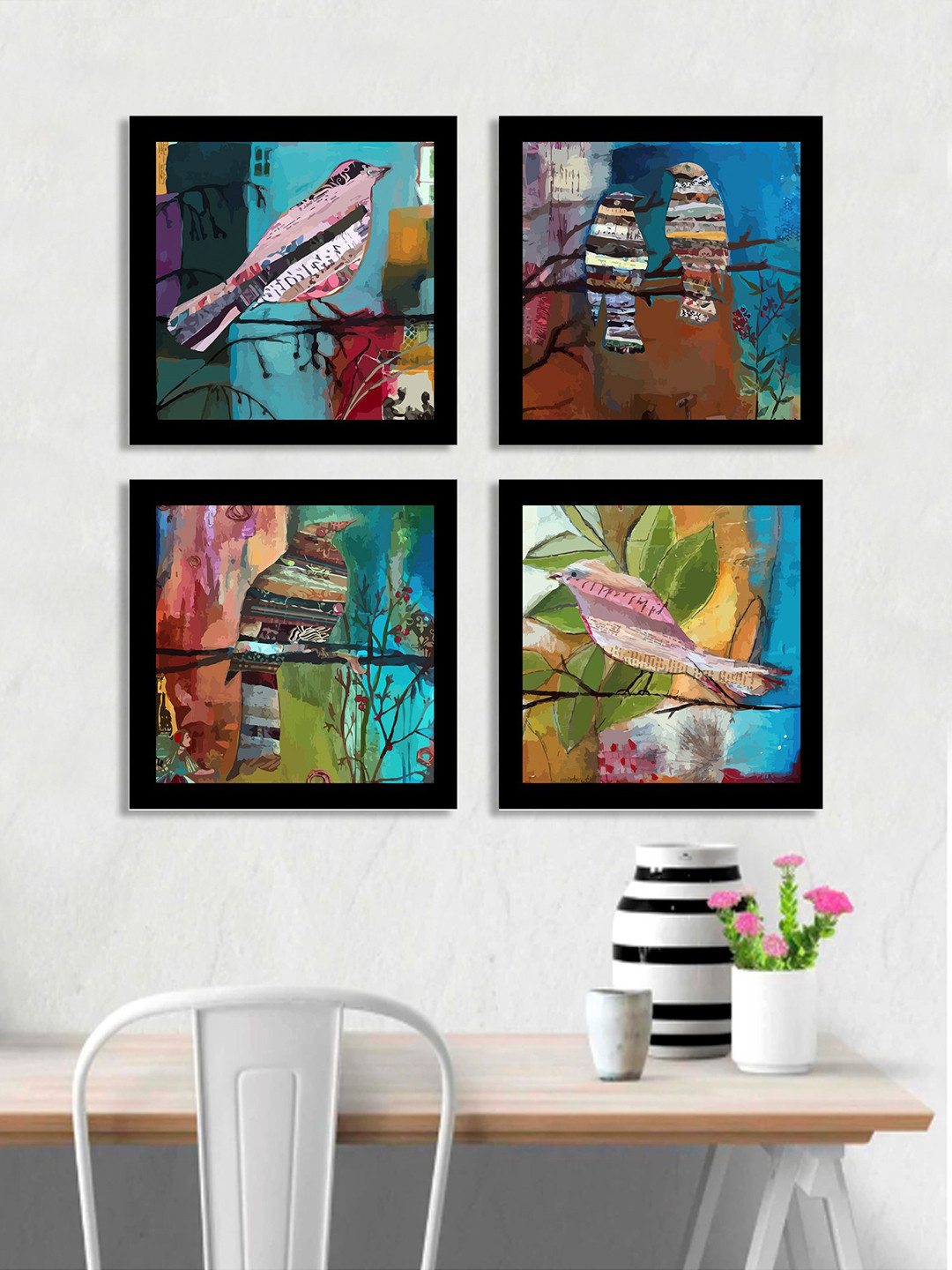 Art Street Colourful Birds Synthetic Wood 4 Piece Wall Square Paintings Wall Art -8 x 8In