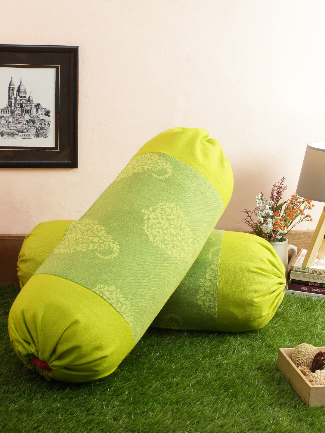 Soumya Set of 2 Green Printed 200TC Cotton Bolster Covers