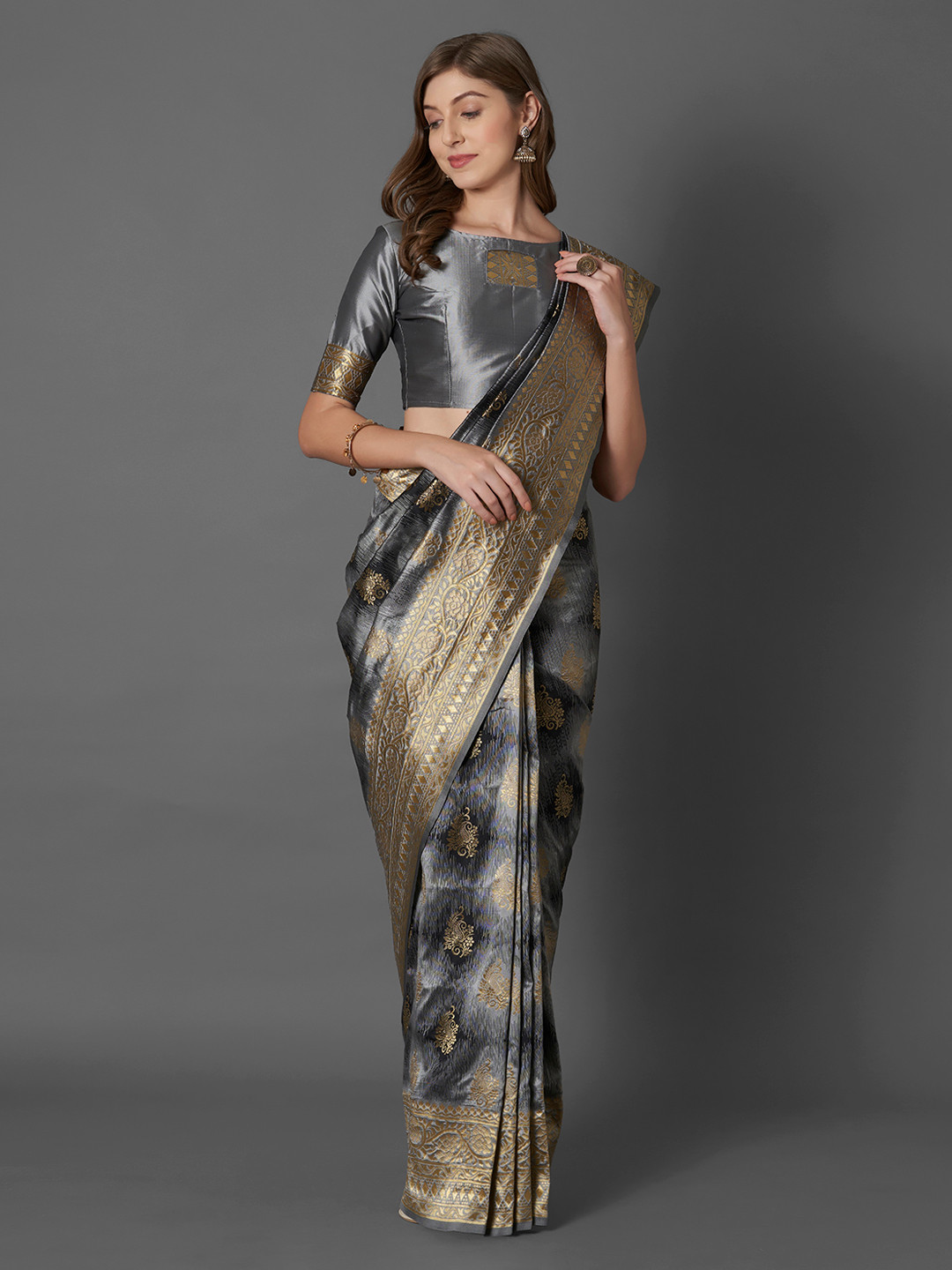 Mitera Grey Silk Blend Woven Design Banarasi Saree