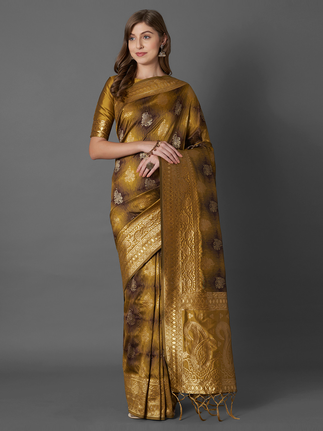 Mitera Olive Green Silk Blend Woven Design Banarasi Saree