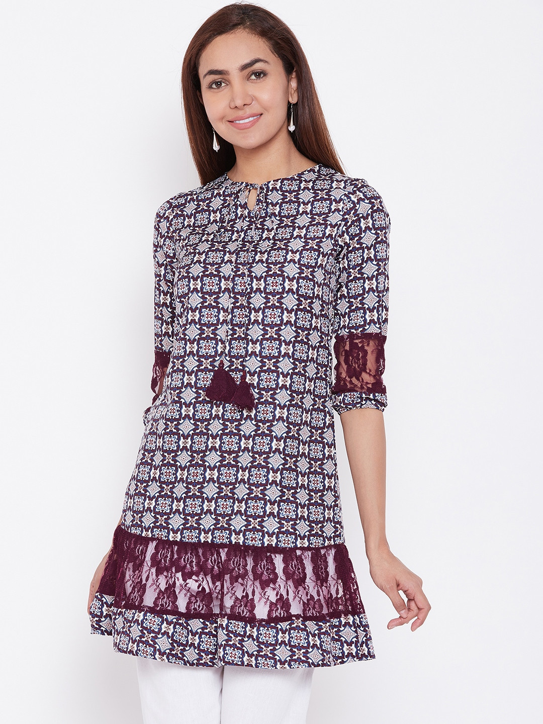 DODO & MOA Women Maroon & Off-White Printed A-Line Kurta