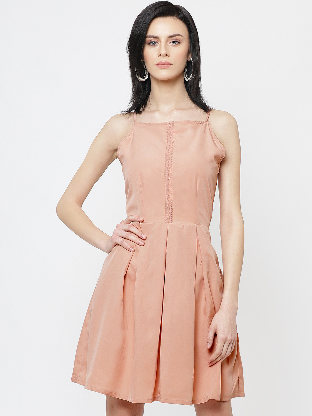 DODO & MOA Women Peach-Coloured Solid Fit and Flare Dress