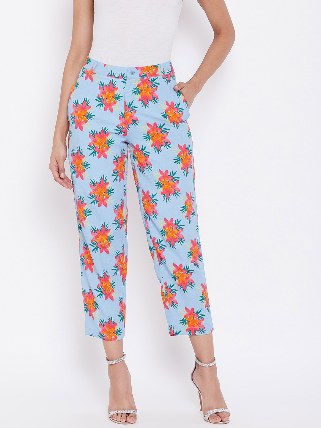 DODO & MOA Women Blue & Pink Floral Mid-Rise Cigarette Trousers