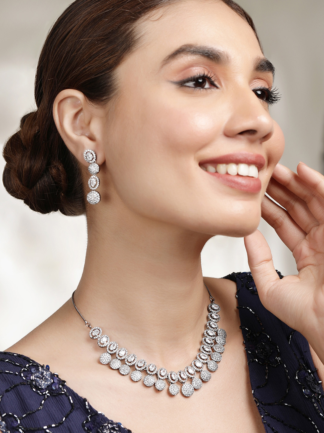 RubansSilver-Plated Handcrafted Cubic Zicronia Studded in Blackish Tone Jewellery Set