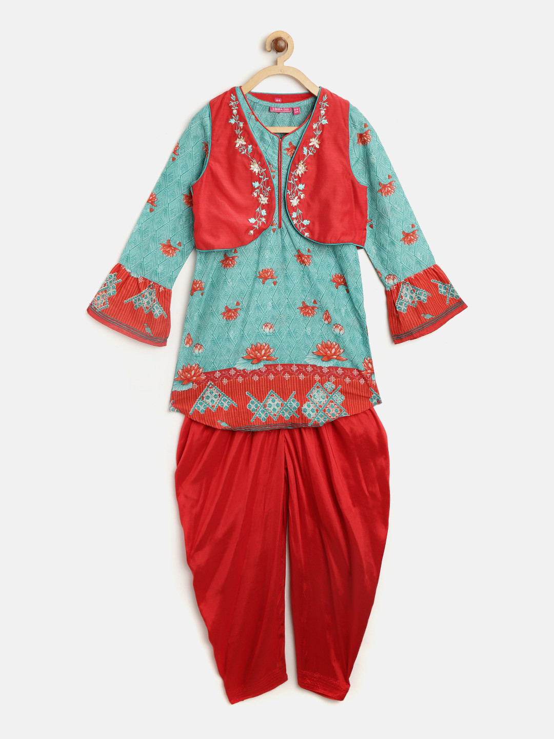 Biba Girls Turquoise Blue Printed Kurti & Red Patiala with Ethnic Waistcoat