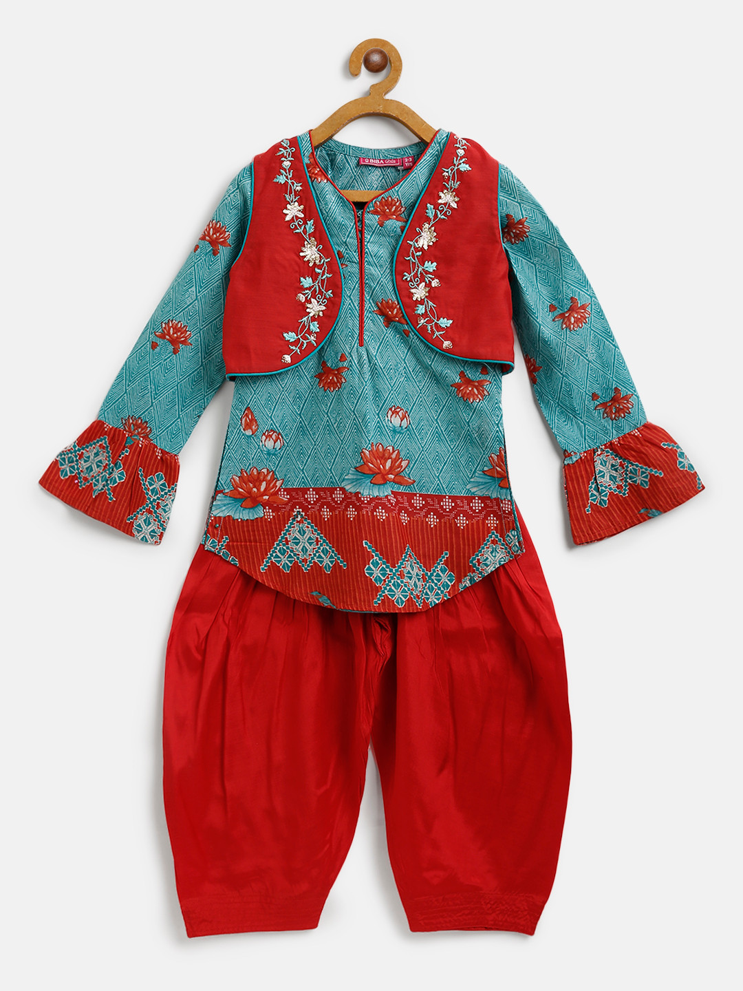 Biba Girls Green & Red Printed Kurti with Salwar & Ethnic Jacket