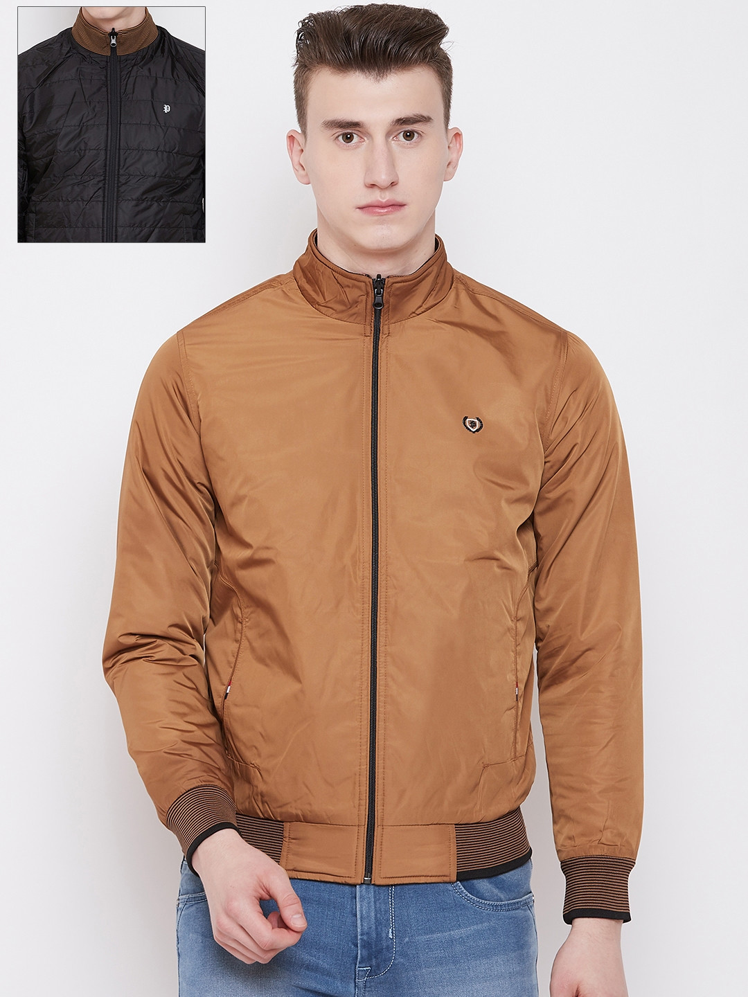 Pierre Carlo Men Mustard Yellow & Black Solid Reversible Bomber Jacket