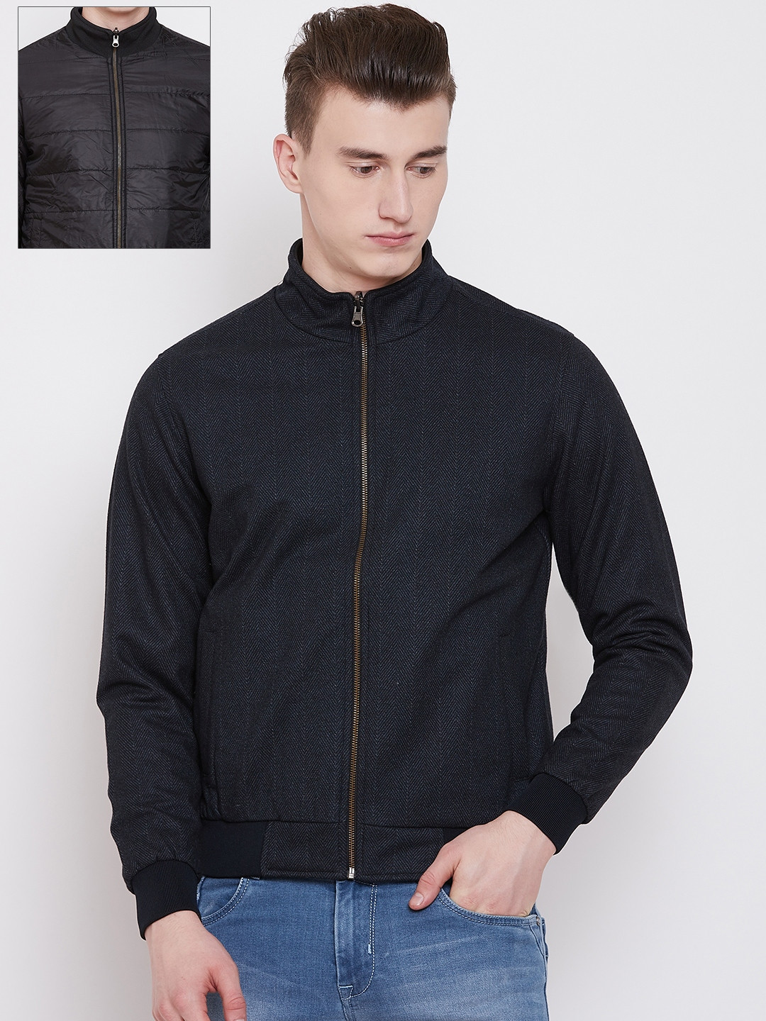 Pierre Carlo Men Navy Blue & Black Printed Reversible Bomber Jacket