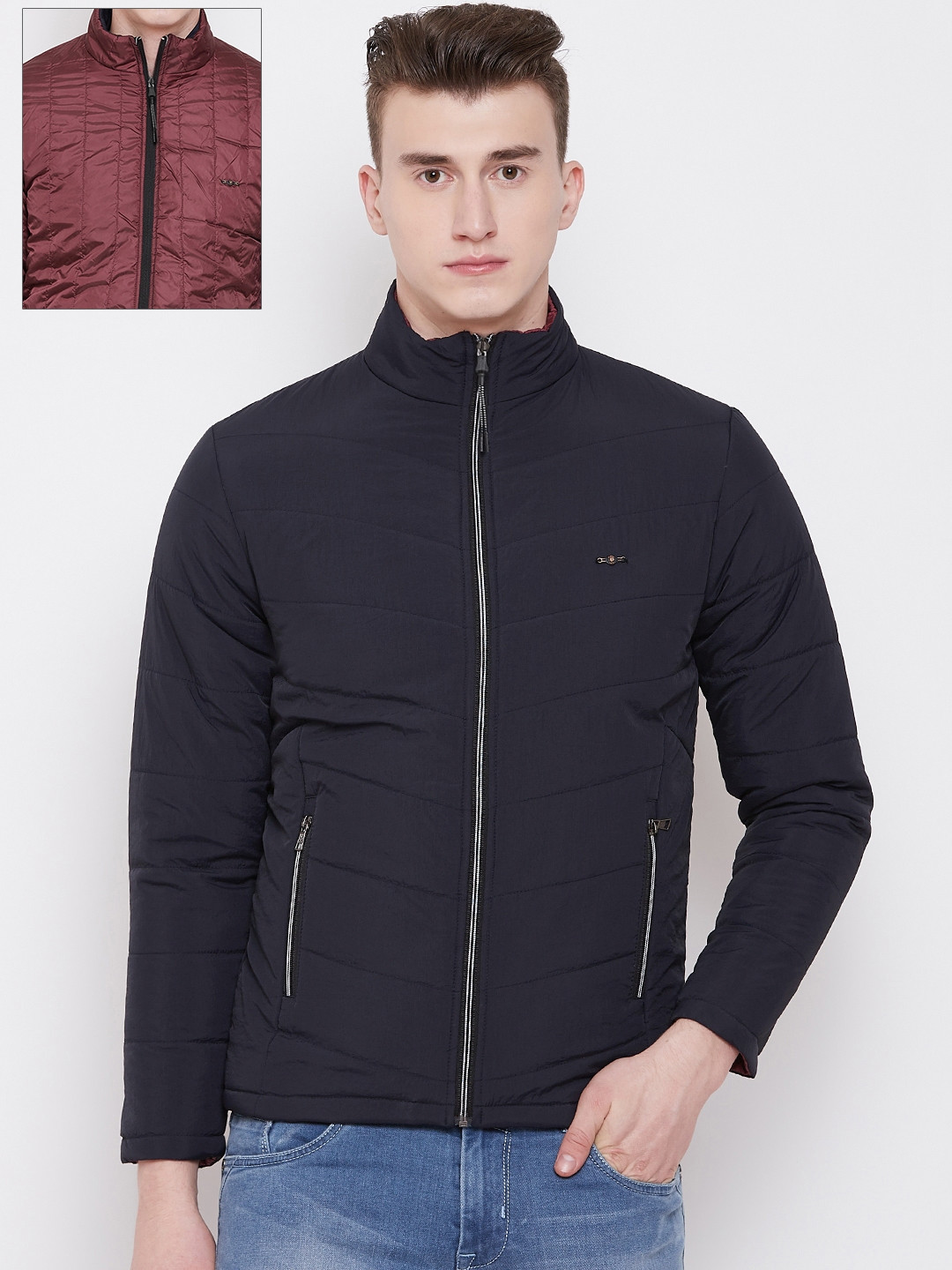 Pierre Carlo Men Navy Blue & Maroon Solid Reversible Padded Jacket