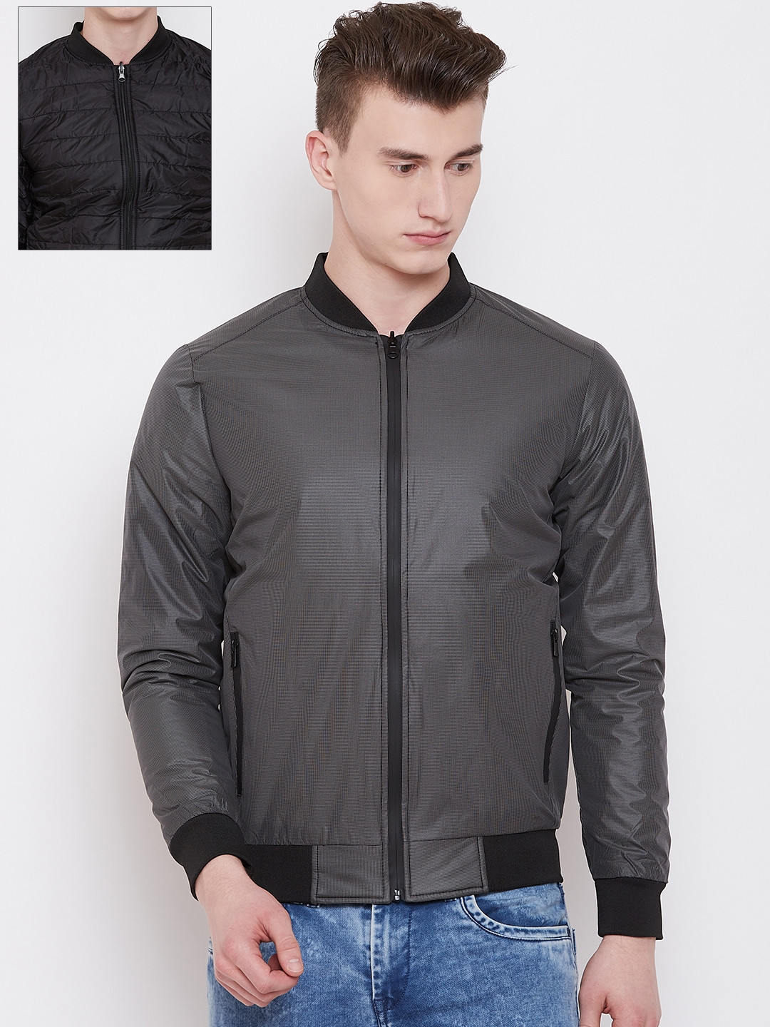 Pierre Carlo Men Charcoal Grey & Black Checked Reversible Bomber Jacket