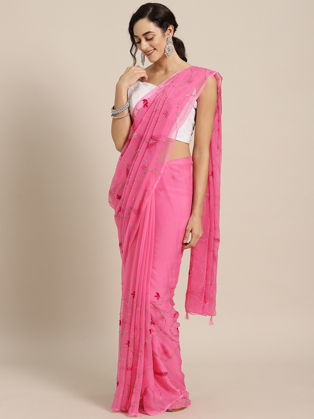 Geroo Jaipur Pink Hand Embroidered Pure Chiffon  Sustainable Saree