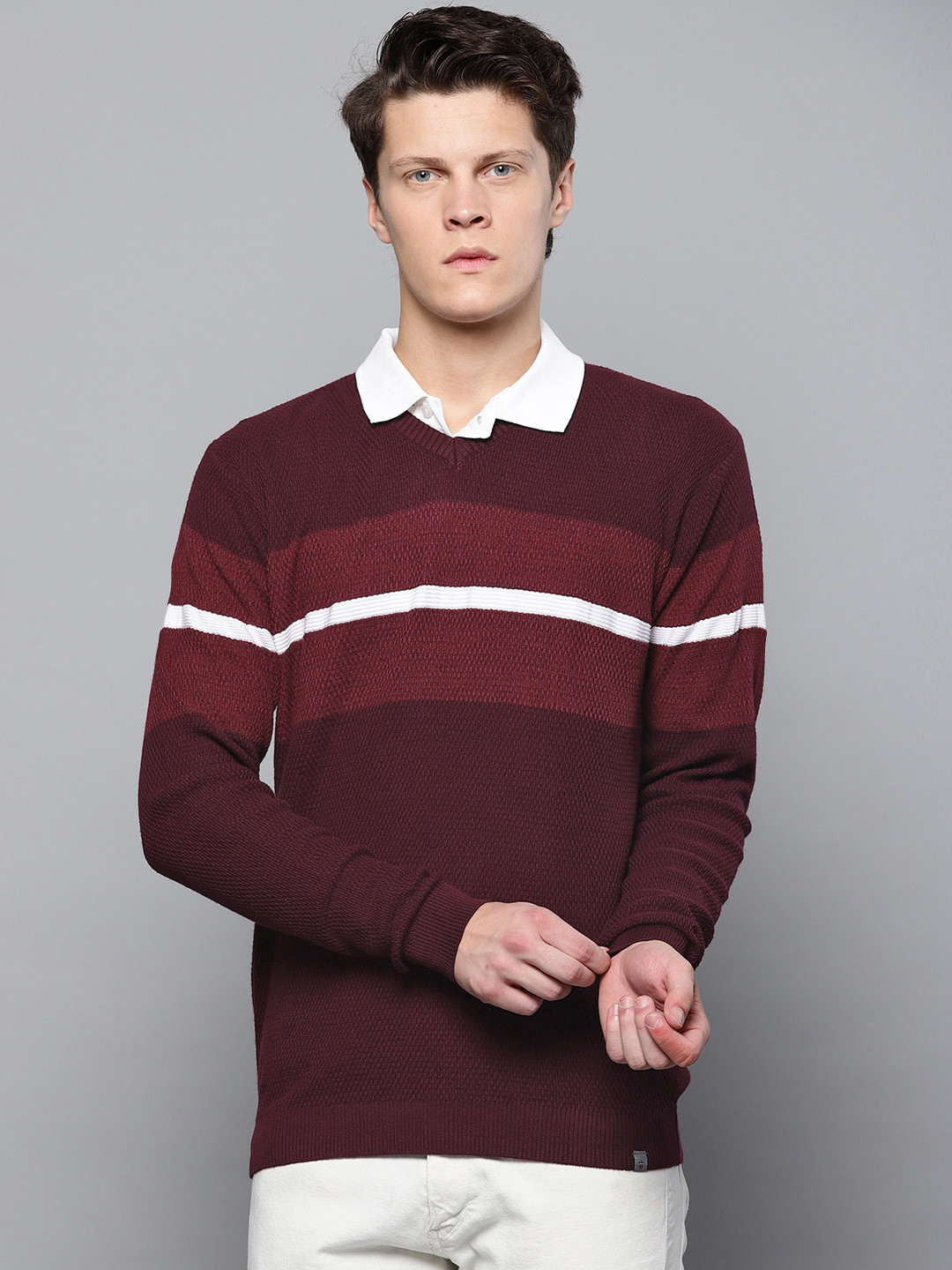 Louis Philippe Sport Men Burgundy & Maroon Striped Sweater