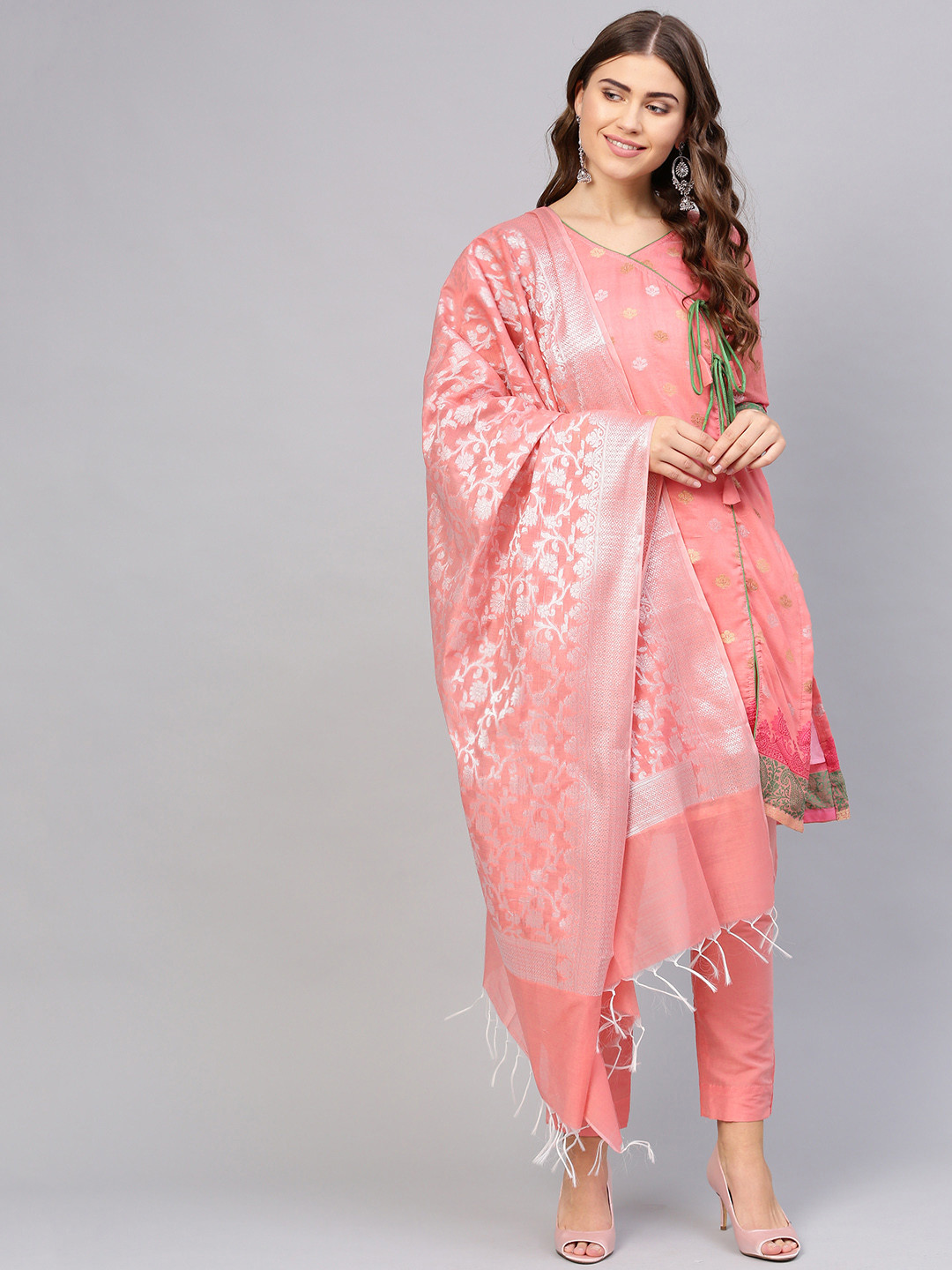 Chhabra 555 Pink & Golden Woven-Design Made to Measure Kurta with Trouser & Dupatta
