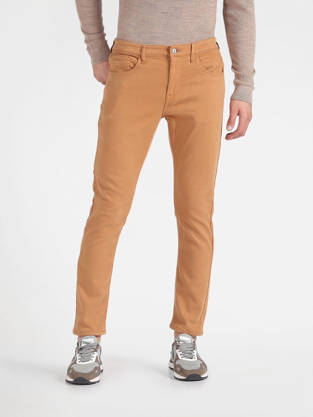 Flying Machine Men Khaki Mid-Rise Clean Look Tapered Fit Stretchable Jeans