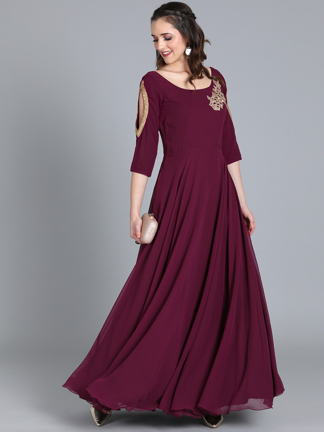Ethnovog Women Burgundy Solid Made To Measure Maxi Dress With Embroidered Detailing