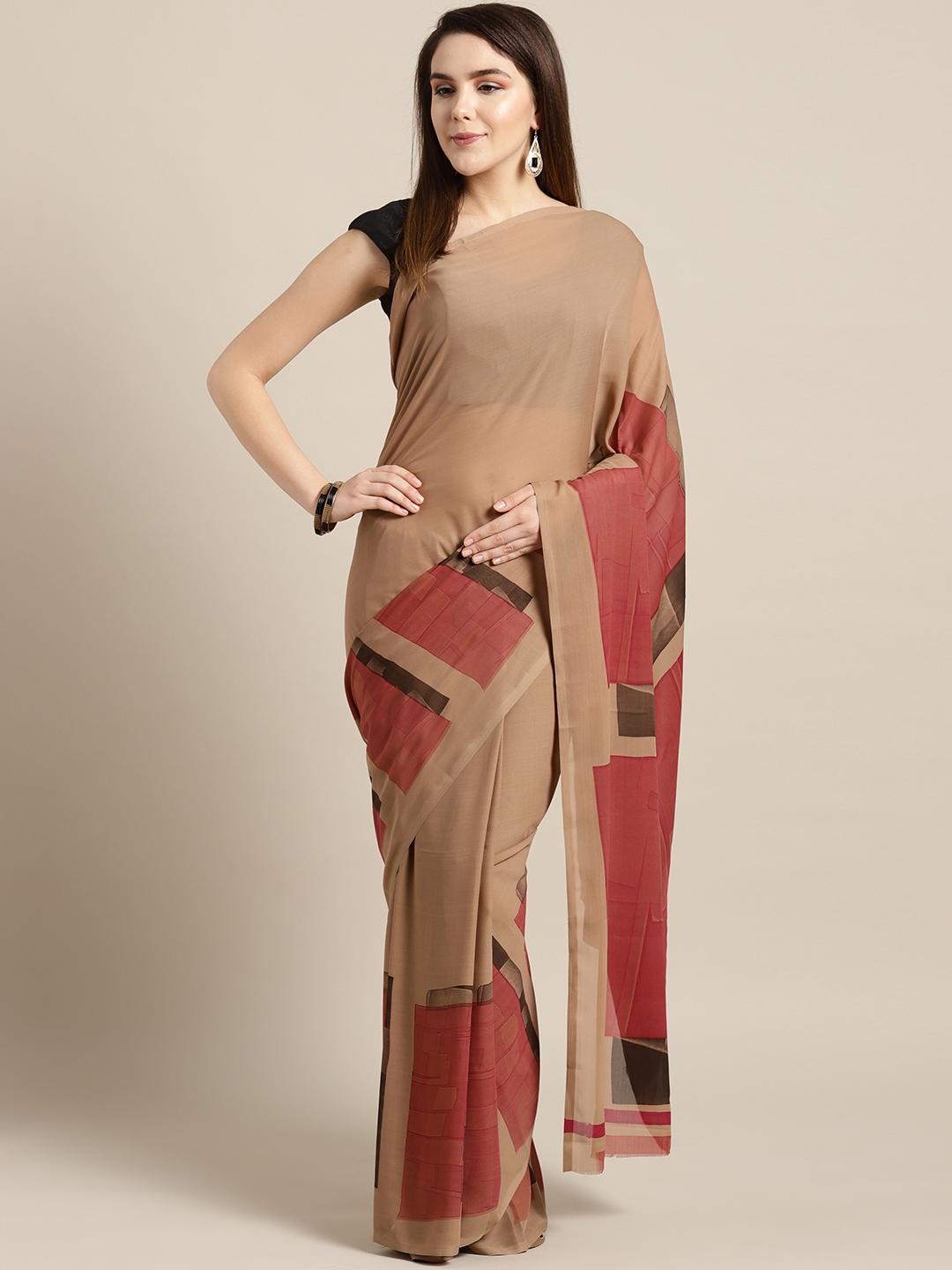 Buy Ishin Brown Printed Poly Georgette Saree Sarees for Women