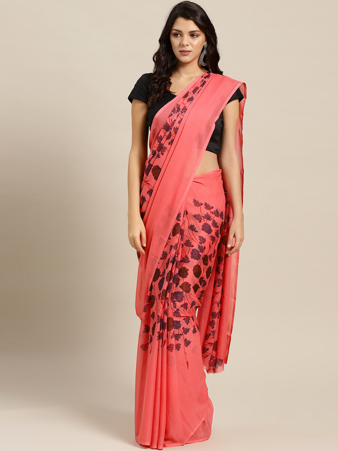 Ishin Women Pink & Navy Blue Printed Saree