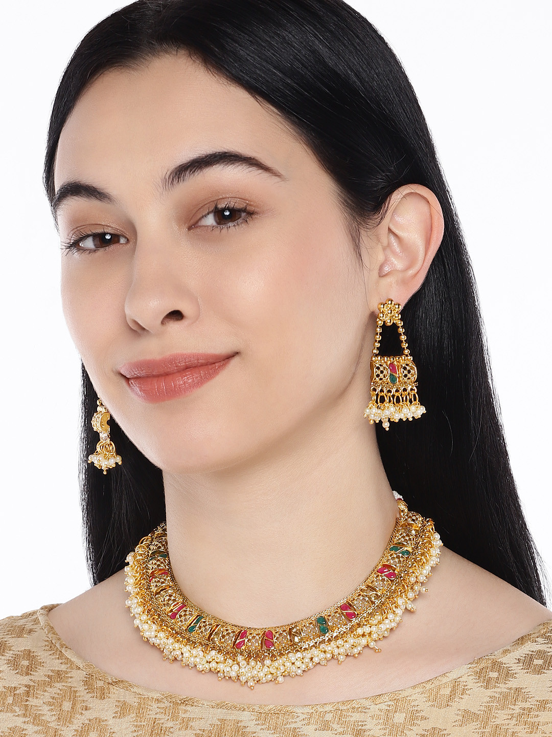 Peora Gold-Plated Meena Work Rice Pearl Choker Necklace Jewellery Set