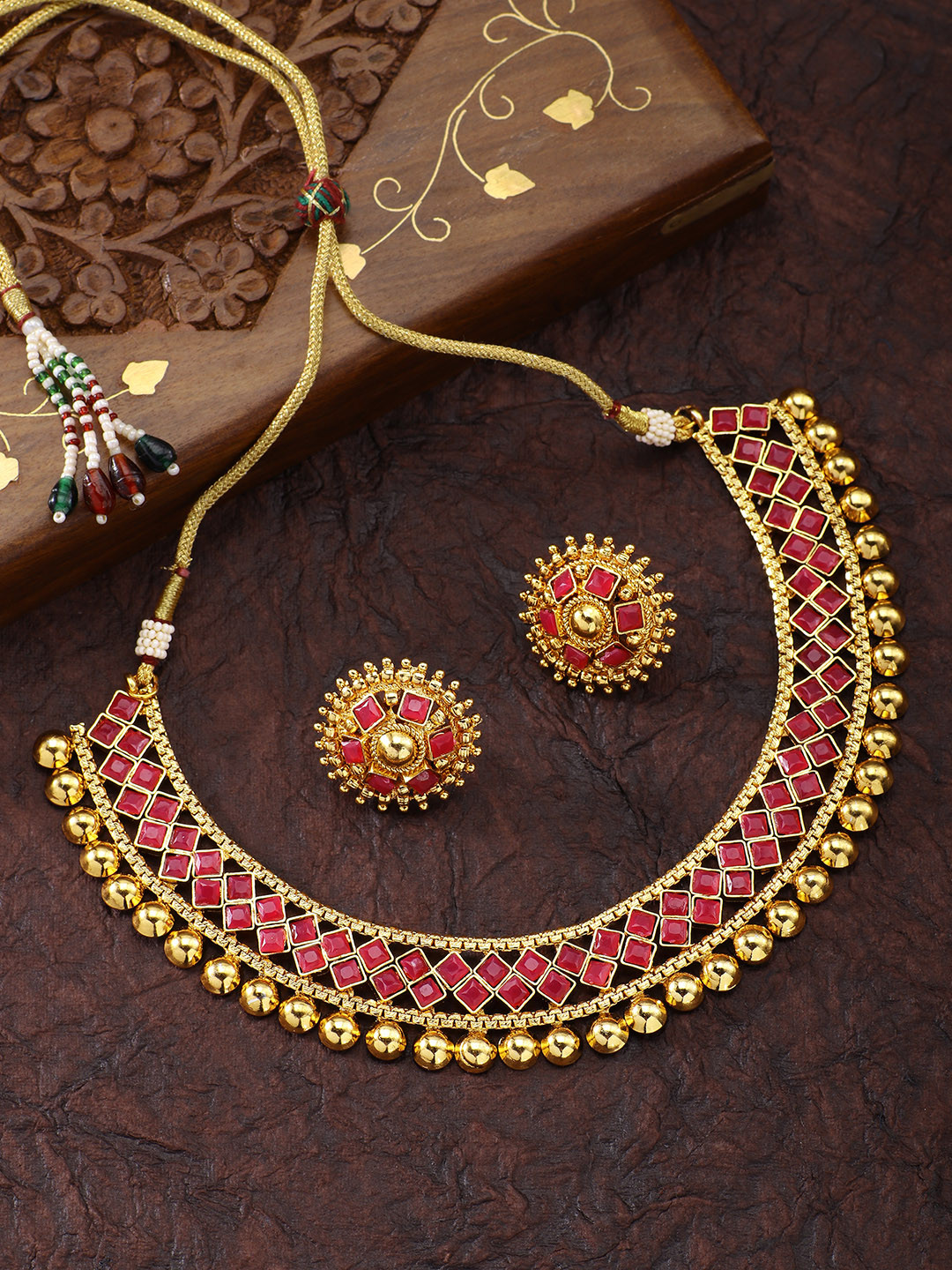 Peora 18K Gold-Plated & Pink Stone Traditional Jewellery Set