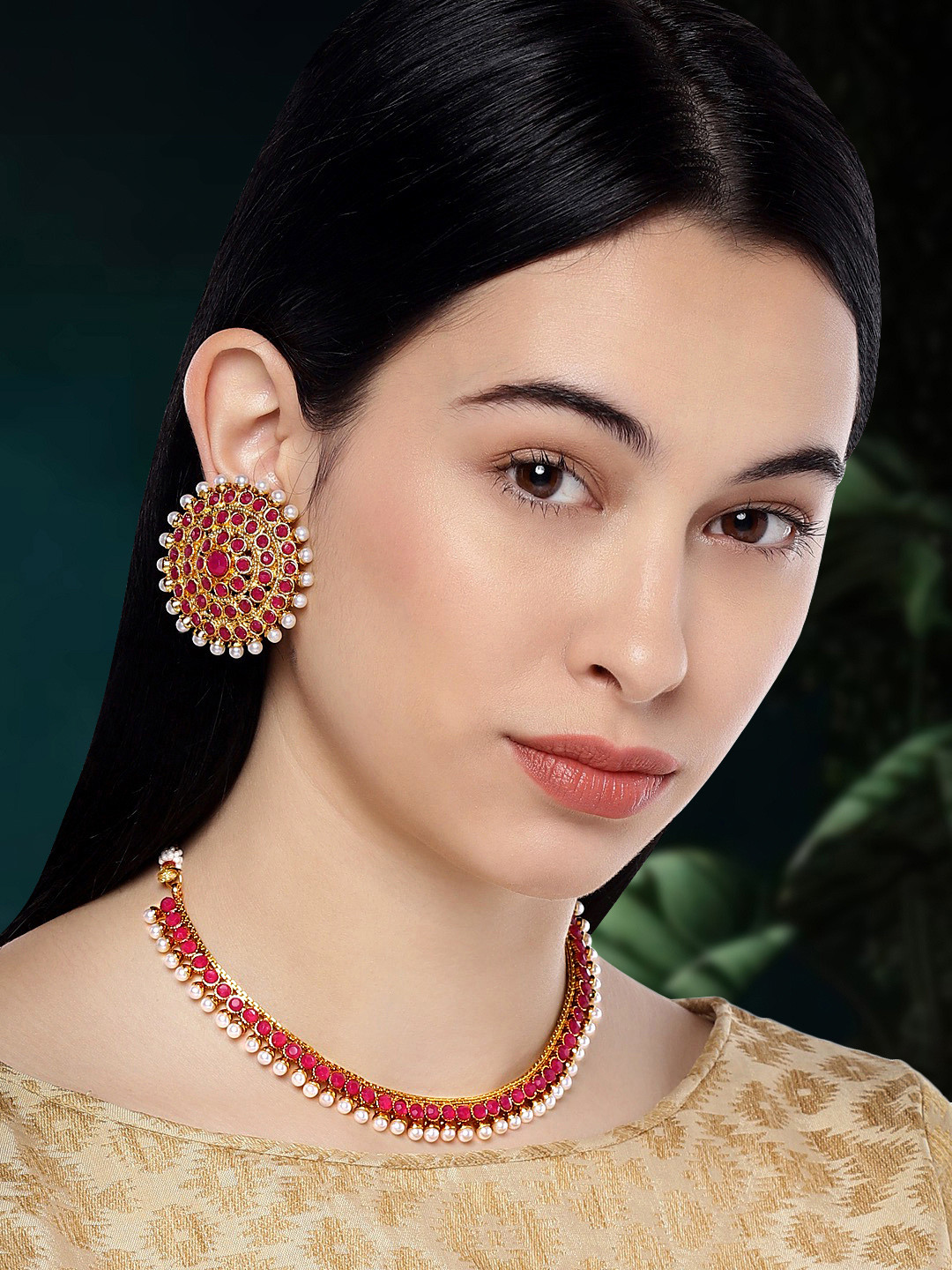Peora Gold Plated & Red Stone Studded Choker Necklace Jewellery Set