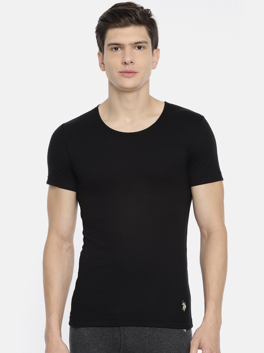 U.S. Polo Assn. Men Black Solid Round Neck Knitted Thermal T-shirt I651-002-PL-L