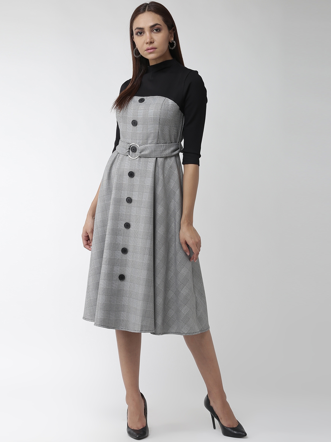 Buy Madame Women Black White Self Checked A Line Dress Dresses for Women 10505622 Myntra