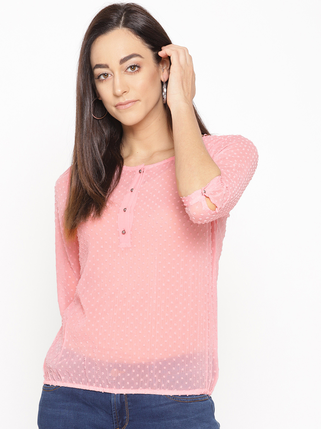 Porsorte Women Pink Self Design Semi-Sheer Blouson Top