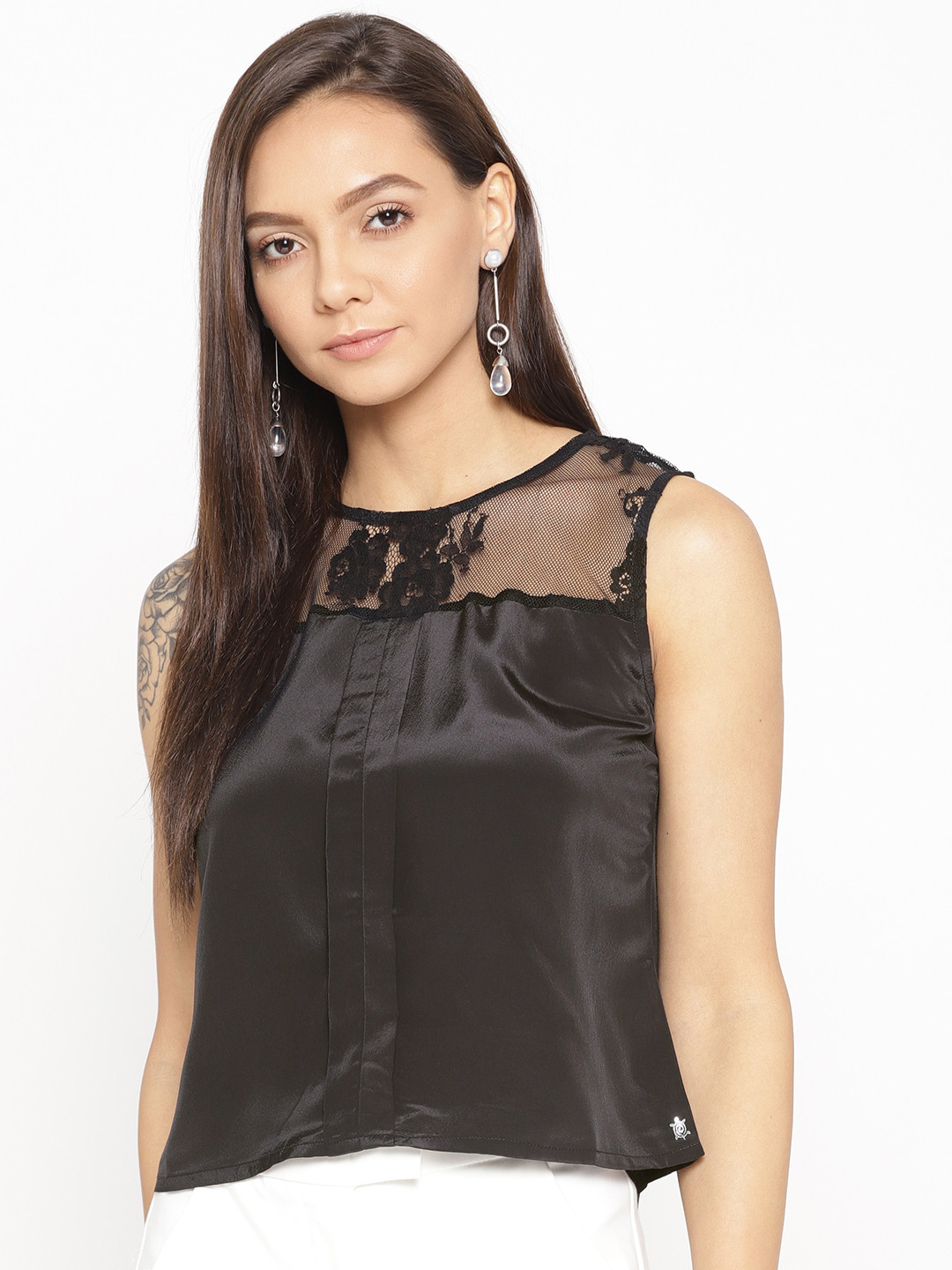 Porsorte Women Black Solid Semi-Sheer Satin Finish Top