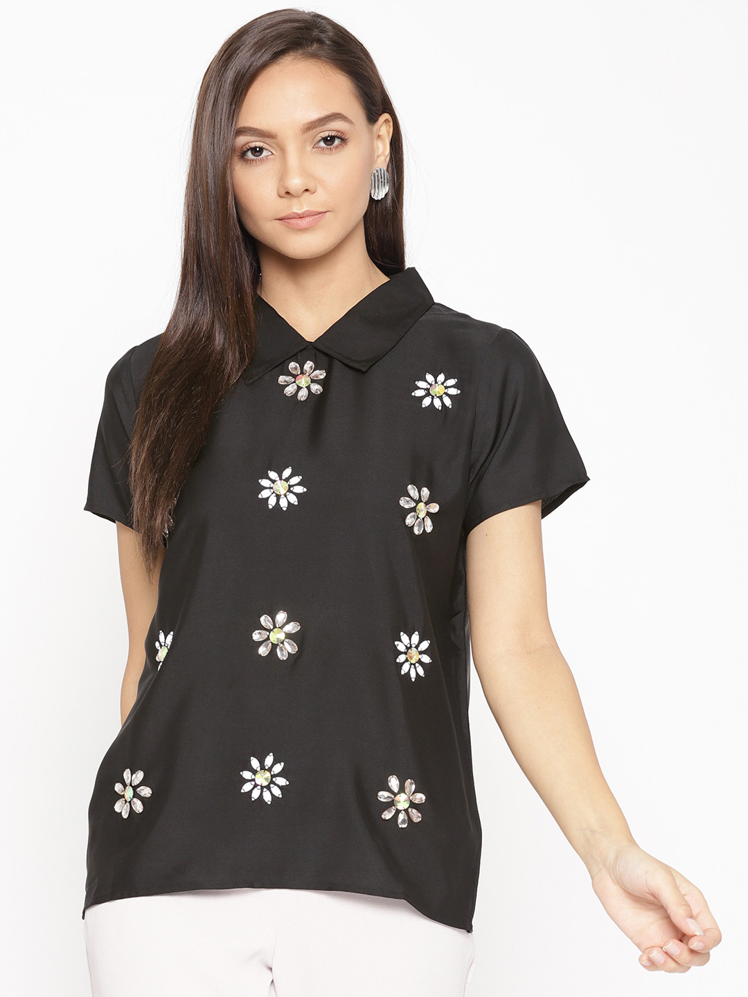 Porsorte Women Black Embellished Shirt Style Top