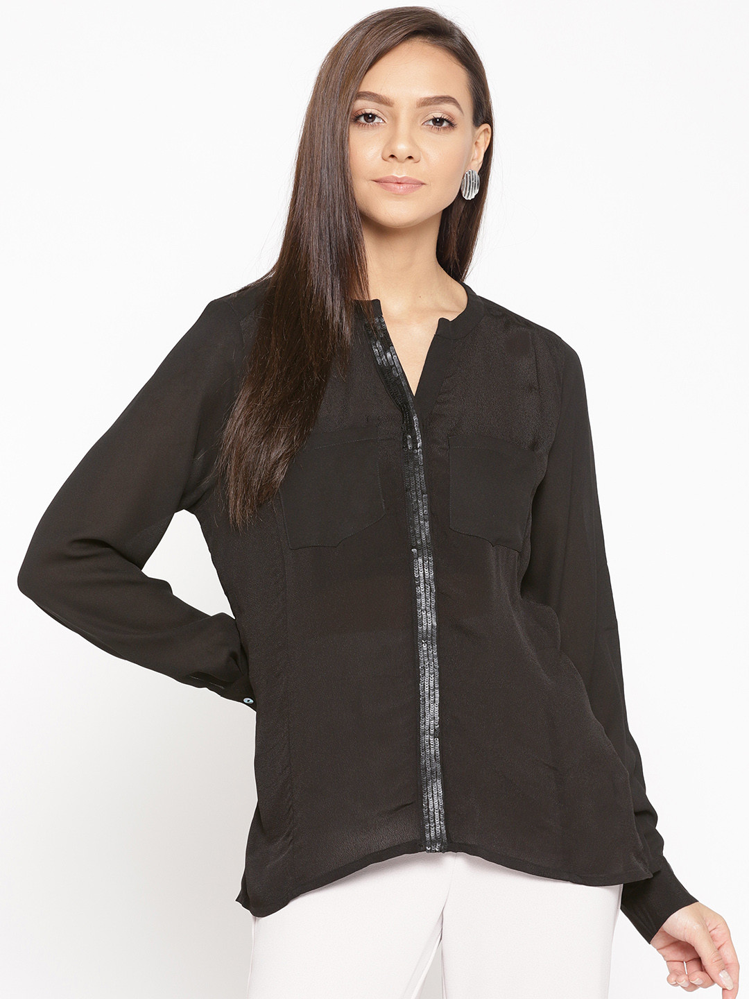 Porsorte Women Black Solid Shirt Style Top