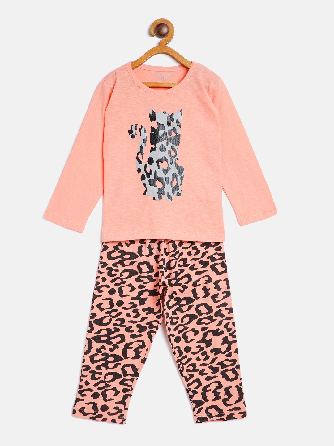 FUNKRAFTS Girls Pink Coral & Black Printed Night Suit