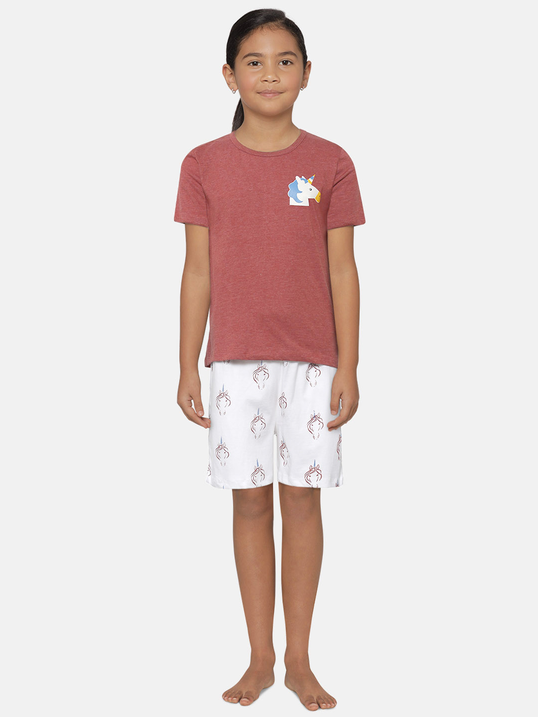 FUNKRAFTS Girls Brick Red & White Printed Night suit