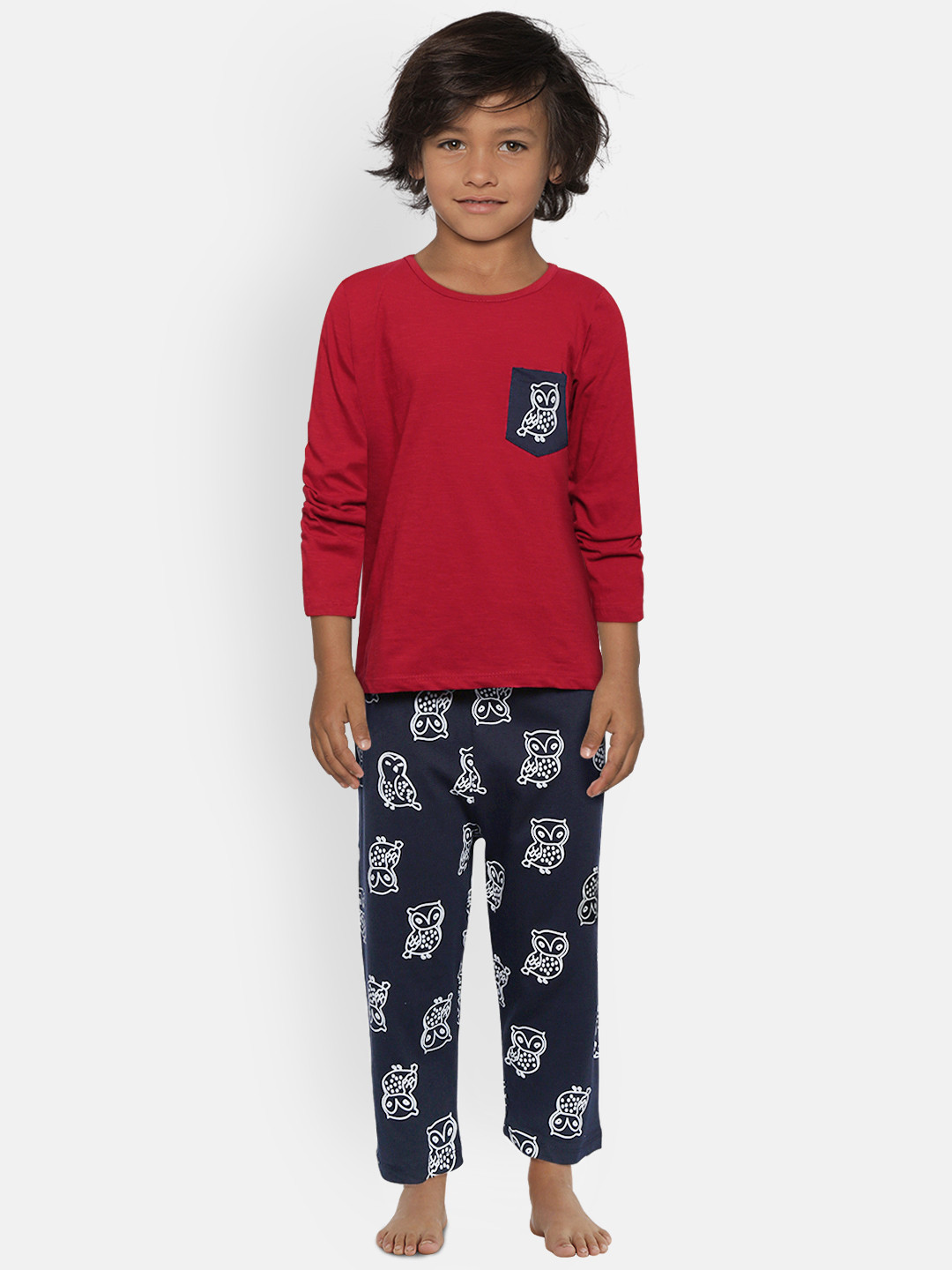 FUNKRAFTS Kids Maroon & Navy Blue Solid Night Suit