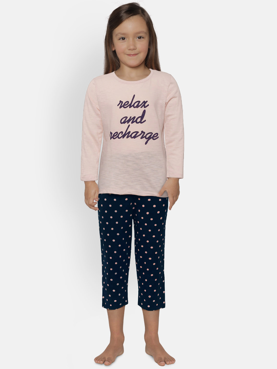 FUNKRAFTS Girls Peach-Coloured & Navy Blue Printed Night suit