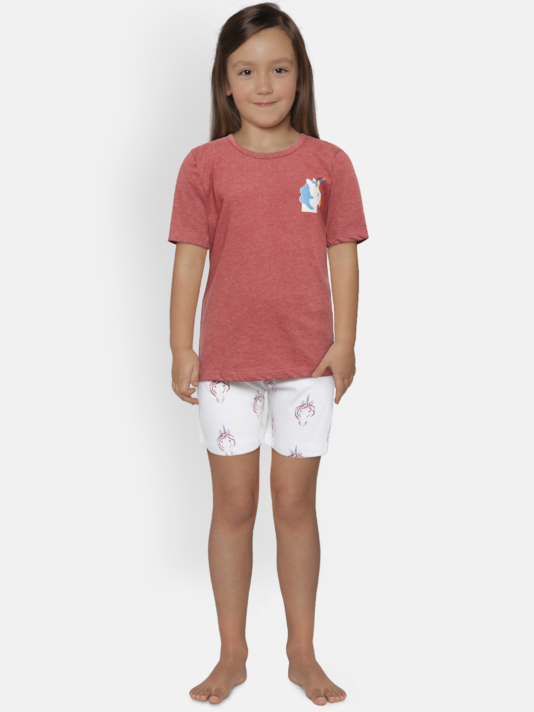 FUNKRAFTS Girls Brick Red & White Solid Night Suit