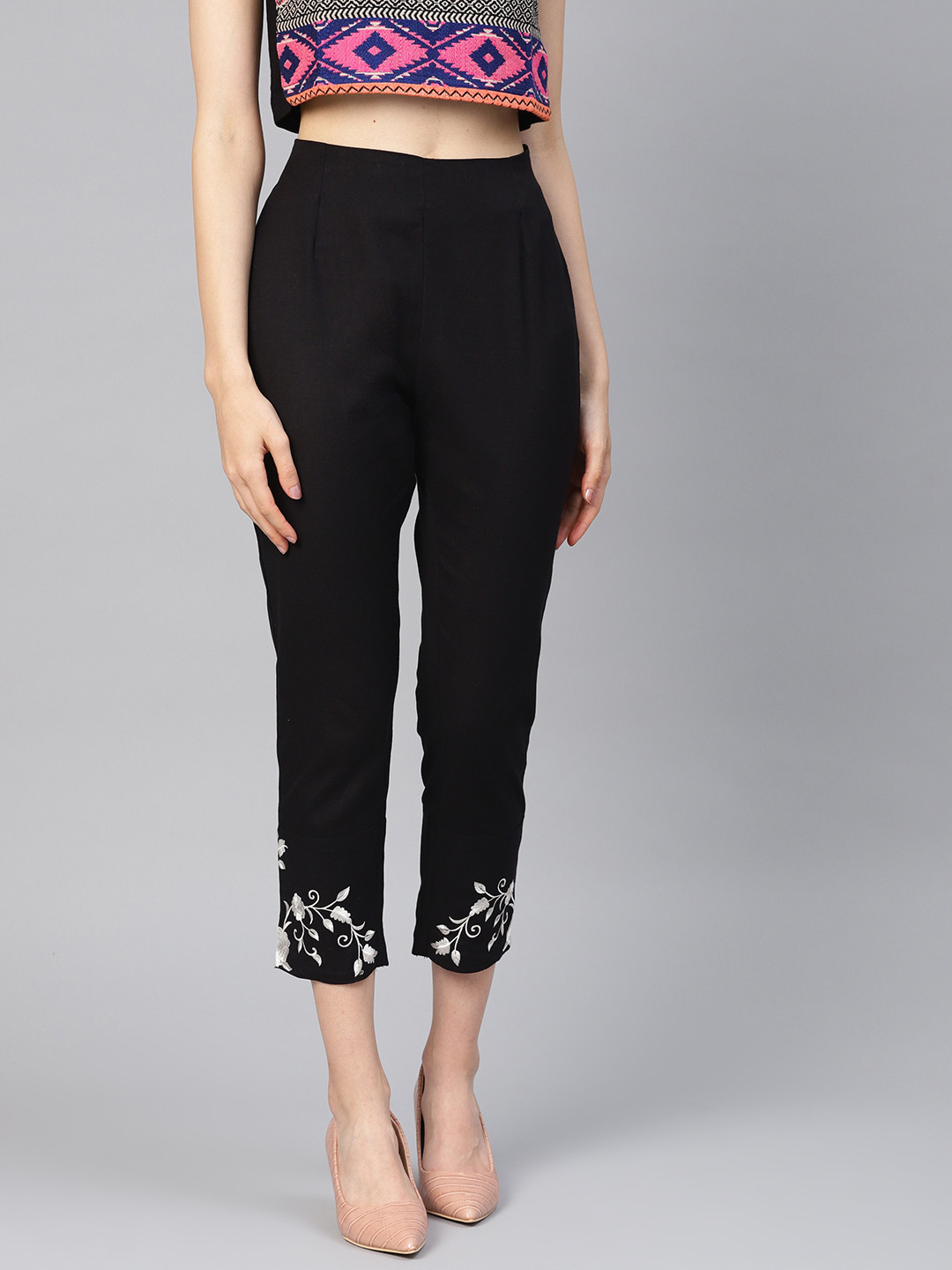 PINKSKY Women Black Smart Slim Fit Solid Cigarette Cropped Trousers