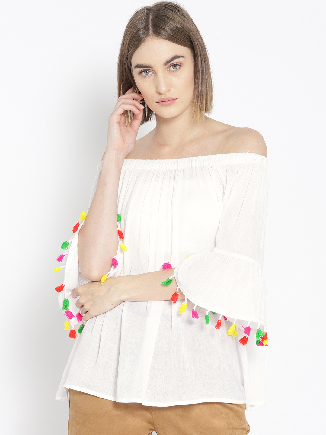 Qurvii Plus Size Women White Semi-Sheer Solid Bardot Top