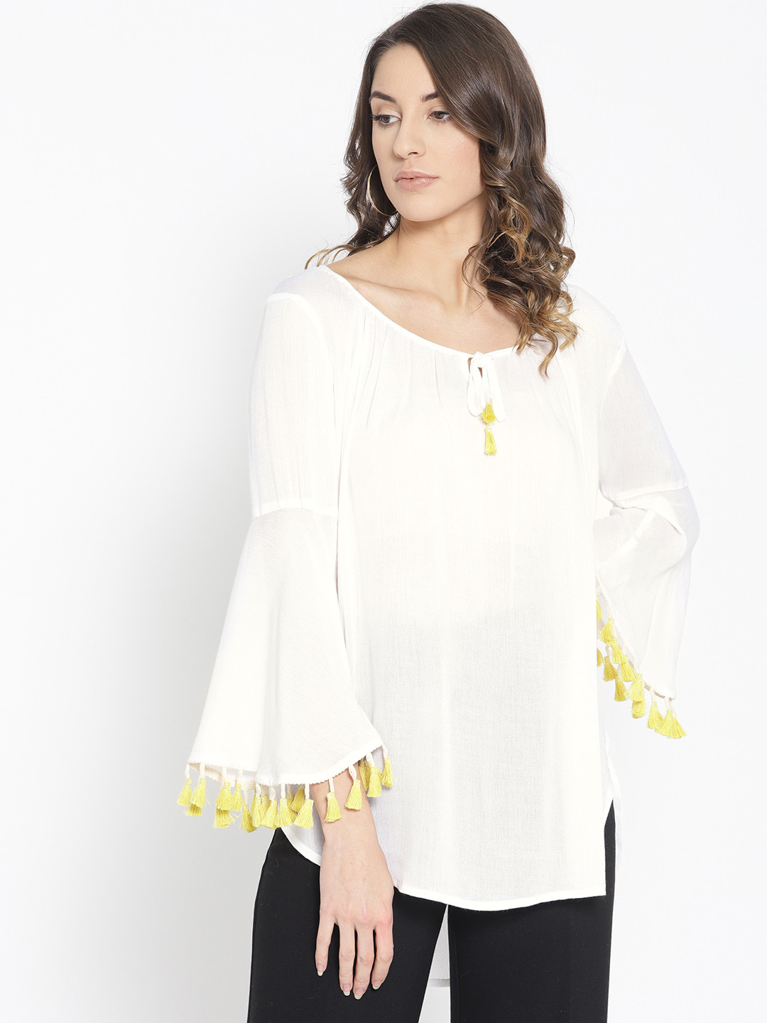 Qurvii Plus Size Women Off-White Semi-Sheer Solid High-Low Top